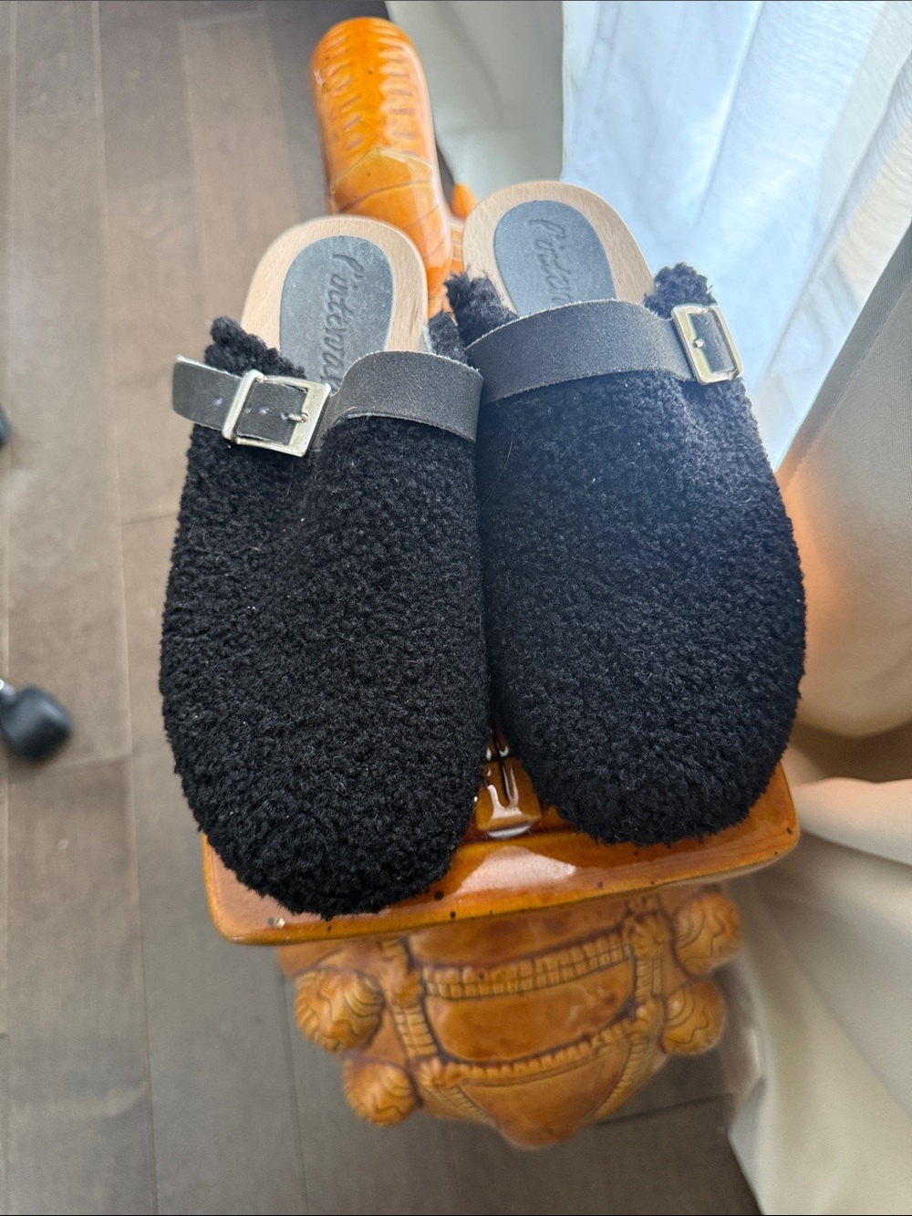 Black Shearling Slip-On Clogs with Buckle